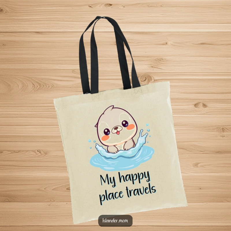 Funny tote bag with a cute kawaii islander animal playfully splashing in bright, gentle ocean waves.