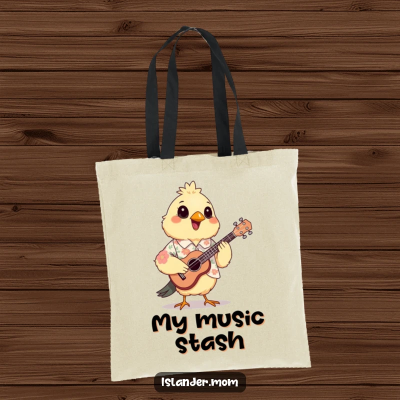 Funny Mama Bird Ukulele Tote Bag: A mama bird wearing a floral shirt joyfully plays a small ukulele.