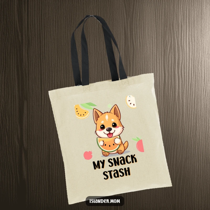 Funny tropical fruit dog tote bag featuring a friendly dog offering fruit, ideal for errands and beach essentials.