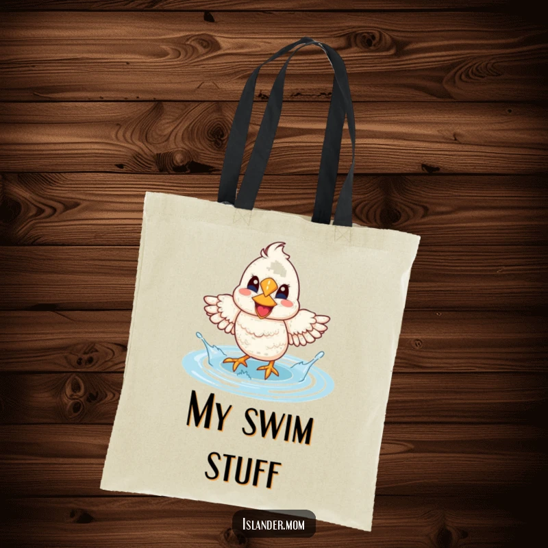 Funny Mama Bird Lagoon Splash Tote Bag: A mama bird with a wide smile happily splashes water with its feet in a lagoon.
