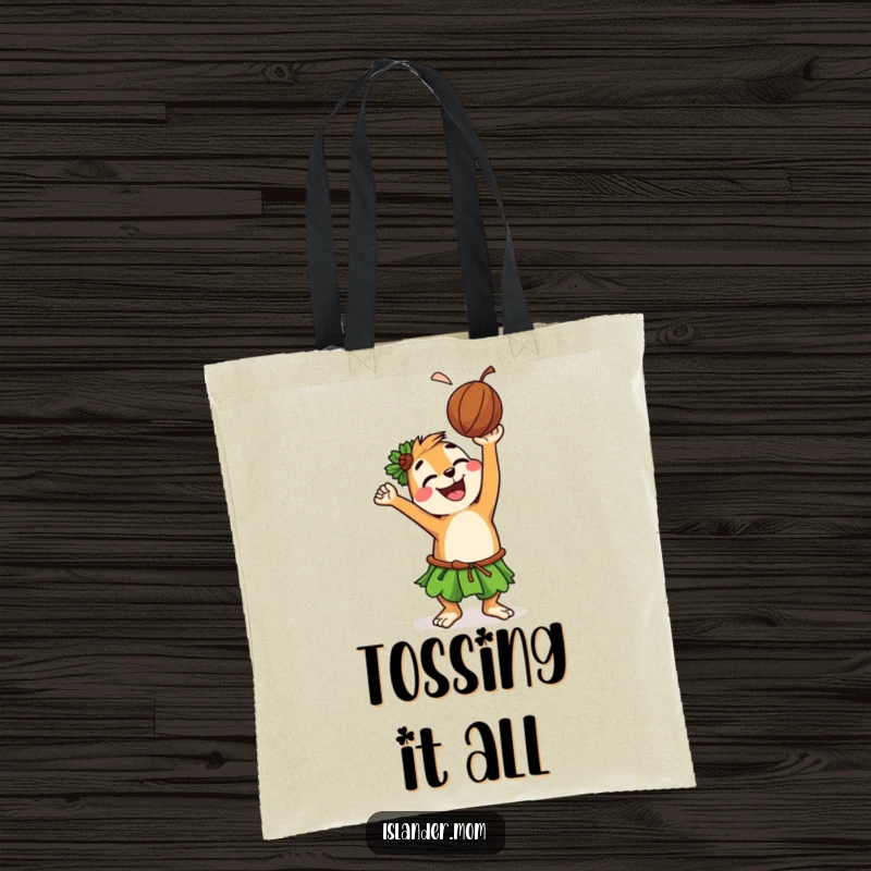 Funny tote bag featuring a cheerful islander animal character tossing a coconut with a wide grin, ready for island adventures and practical use.